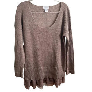 Soft Surrounding Brown Taupe Tunic Ruffle Botton Long Sleeve Sweater Size PL